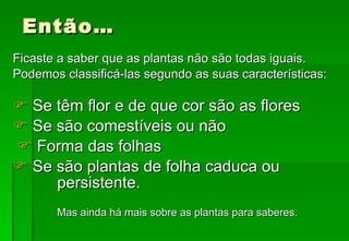 Então… Ficaste a saber que as plantas não são todas iguais. Podemos classificá-las segundo as suas características:    Se têm flor e de que cor são as flores    Se são comestíveis ou não    Forma das folhas     Se são plantas de folha caduca ou persistente. Mas ainda há mais sobre as plantas para saberes. 