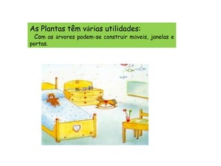 As Plantas têm v á rias utilidades: Co m as  á rvores podem-se construir m ó veis, janelas e portas. 