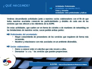Actividades Profesionales Actividades con nuestros SS.CC. Foros y Jornadas Actividades extra profesionales y lúdicas Venimos desarrollando actividades junto a nuestros socios colaboradores con el fin de que todos nuestros asociados conozcan las particularidades y detalles de cada uno de los servicios que nos ofrecen a los miembros de la ASPM.  De estas actividades, que suelen ser en forma de cócteles o de reuniones de networking en las instalaciones de nuestros socios, sacan partido ambas partes: Profesionales del secretariado:  Mayor conocimiento de proveedores de los servicios que requieren de forma más recurrente. Reunirse y relacionarse con más asociados en un ambiente distendido.  Socios colaboradores:  Darse a conocer entre el colectivo que más recurre a ellos. Demostrar “ in situ  “ los servicios que pueden proporcionar. ¿QUÉ HACEMOS? 
