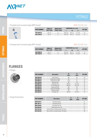 FITTINGSPIPINGACCESSORIESTOOLSINSTALLATION
FITTINGS
10
PART NUMBER Description
Ø
(mm)
H
(mm)
LOT SIZE
2810 6054 00 Flange diam 63 185 95 01
2810 0054 04 Flange diam 63 EN/BS 185 47 01
2810 0054 07 Flange diam 63 ANSI 177.8 47 01
2810 7054 00 Flange diam 80 200 120 01
2810 8054 00 Flange diam 100 240/ 9.6” 131/ 5.24” 01
2810 8154 00 UK / US Flange 100 240/ 9.6” 131/ 5.24” 01
2810 0054 05 Flange diam 80 EN 200 59 01
2810 0054 08 Flange diam 80 ANSI 190.5 59 01
2810 0054 09 Flange diam 80 BS 200 59 01
2810 8254 00 EU Flange 100 240/ 9.6” 131/ 5.24” 01
FLANGES
	 > Flanges
	 > Flange Accessories
PART NUMBER Description
Ø
(mm)
H
(mm)
LOT SIZE
0650 0100 16 Flat Gasket diam 63 - - 01
0650 1001 27 Flat Gasket diam 80 - - 01
0650 0100 06 Flat Gasket diam 100 - - 01
2810 8064 00 Flange Support diam 100 - - 01
2810 0154 08 Bolts and Nuts for Flange Diameter 100 metric - - 08
2810 0254 08 Bolts and Nuts for Flange Diameter 100 imperial - - 08
	 > Threaded wall mounted nipple (BSP thread)	 2810 25
	 > Threaded wall mounted nipple (NPT thread)	 2810 26
PART NUMBER
AIRnet Ø
(mm / inch)
Female outlet
Ø (mm / inch)
DIMENSIONS (mm / inch)
LOT SIZE
l w h
2810 0025 00 12.5 / ½” ½” 100 / 3.9” 68 / 2.7” 111 / 4.4” 01
2810 1025 00 20 / ¾” ½” 100 / 3.9” 68 / 2.7” 115 / 4.5” 01
PART NUMBER
AIRnet Ø
(mm / inch)
Female outlet
Ø (mm / inch)
DIMENSIONS (mm / inch)
LOT SIZE
l w h
2810 0026 00 12.5 / ½” ½” 100 / 3.9” 68 / 2.7” 111 / 4.4” 01
2810 1026 00 20 / ¾” ½” 100 / 3.9” 68 / 2.7” 115 / 4.5” 01
 