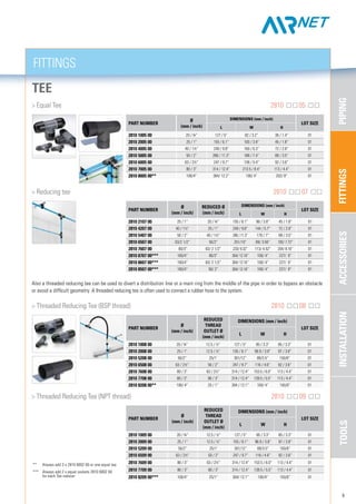 FITTINGSPIPINGACCESSORIESINSTALLATIONTOOLS
PART NUMBER
Ø
(mm / inch)
DIMENSIONS (mm / inch)
LOT SIZE
l w h
2810 1005 00 20 / ¾” 127 / 5” 82 / 3.2” 36 / 1.4” 01
2810 2005 00 25 / 1” 155 / 6.1” 100 / 3.9” 45 / 1.8” 01
2810 4005 00 40 / 1½” 249 / 9.8” 160 / 6.3” 72 / 2.8” 01
2810 5005 00 50 / 2” 286 / 11.3” 188 / 7.4” 89 / 3.5” 01
2810 6005 00 63 / 2½” 247 / 9.7” 138 / 5.4” 92 / 3.6” 01
2810 7005 00 80 / 3” 314 / 12.4” 213.5 / 8.4” 113 / 4.4” 01
2810 8005 00** 100/4” 304/ 12.2” 100/ 4” 202/ 8” 01
PART NUMBER
Ø
(mm / inch)
Reduced Ø
(mm / inch)
DIMENSIONS (mm / inch)
LOT SIZE
l w h
2810 2107 00 25 / 1” 20 / ¾” 155 / 6.1” 96 / 3.8” 45 / 1.8” 01
2810 4207 00 40 / 1½” 25 / 1” 249 / 9.8” 144 / 5.7” 72 / 2.8” 01
2810 5407 00 50 / 2” 40 / 1½” 286 / 11.3” 179 / 7” 89 / 3.5” 01
2810 6507 00 63/2 1/2” 50/2” 251/10” 89/ 3.56” 193/ 7.72” 01
2810 7607 00 80/3” 63/ 2 1/2” 233/ 9.32” 113/ 4.52” 204/ 8.16” 01
2810 8707 00*** 100/4” 80/3” 304/ 12.16” 100/ 4” 227/ 9” 01
2810 8607 00*** 100/4” 63/ 2 1/2” 304/ 12.16” 100/ 4” 227/ 9” 01
2810 8507 00*** 100/4” 50/ 2” 304/ 12.16” 100/ 4” 227/ 9” 01
PART NUMBER
Ø
(mm / inch)
Reduced
thread
outlet Ø
(mm / inch)
DIMENSIONS (mm / inch)
LOT SIZE
l w h
2810 1008 00 20 / ¾” 12.5 / ½” 127 / 5” 85 / 3.3” 85 / 3.3” 01
2810 2008 00 25 / 1” 12.5 / ½” 155 / 6.1” 96.9 / 3.8” 97 / 3.8” 01
2810 5208 00 50/2’’ 25/1’ 301/12’’ 89/3.5” 150/6” 01
2810 6508 00 63 / 2½” 50 / 2” 247 / 9.7” 116 / 4.6” 92 / 3.6” 01
2810 7608 00 80 / 3” 63 / 2½” 314 / 12.4” 153.5 / 6.0” 113 / 4.4” 01
2810 7708 00 80 / 3” 80 / 3” 314 / 12.4” 139.5 / 5.5” 113 / 4.4” 01
2810 8208 00** 100/ 4” 25 / 1” 304 / 12.1” 100/ 4” 150/6” 01
PART NUMBER
Ø
(mm / inch)
Reduced
thread
outlet Ø
(mm / inch)
DIMENSIONS (mm / inch)
LOT SIZE
l w h
2810 1009 00 20 / ¾” 12.5 / ½” 127 / 5” 85 / 3.3” 85 / 3.3” 01
2810 2009 00 25 / 1” 12.5 / ½” 155 / 6.1” 96.9 / 3.8” 97 / 3.8” 01
2810 5209 00 50/2’’ 25/1’ 301/12’’ 89/3.5” 150/6” 01
2810 6509 00 63 / 2½” 50 / 2” 247 / 9.7” 116 / 4.6” 92 / 3.6” 01
2810 7609 00 80 / 3” 63 / 2½” 314 / 12.4” 153.5 / 6.0” 113 / 4.4” 01
2810 7709 00 80 / 3” 80 / 3” 314 / 12.4” 139.5 / 5.5” 113 / 4.4” 01
2810 8209 00*** 100/4” 25/1” 304/ 12.1” 100/4” 150/6” 01
FITTINGS
5
TEE
	 > Equal Tee	 2810 05
	 > Reducing tee 				 				 	 2810 07
Also a threaded reducing tee can be used to divert a distribution line or a main ring from the middle of the pipe in order to bypass an obstacle
or avoid a difficult geometry. A threaded reducing tee is often used to connect a rubber hose to the system.
	 > Threaded Reducing Tee (BSP thread)	 2810 08
	 > Threaded Reducing Tee (NPT thread)	 2810 09
**	 Always add 3 x 2810 8002 00 or one equal tee
***	 Always add 2 x equal sockets 2810 8002 00
	 for each Tee reducer
 