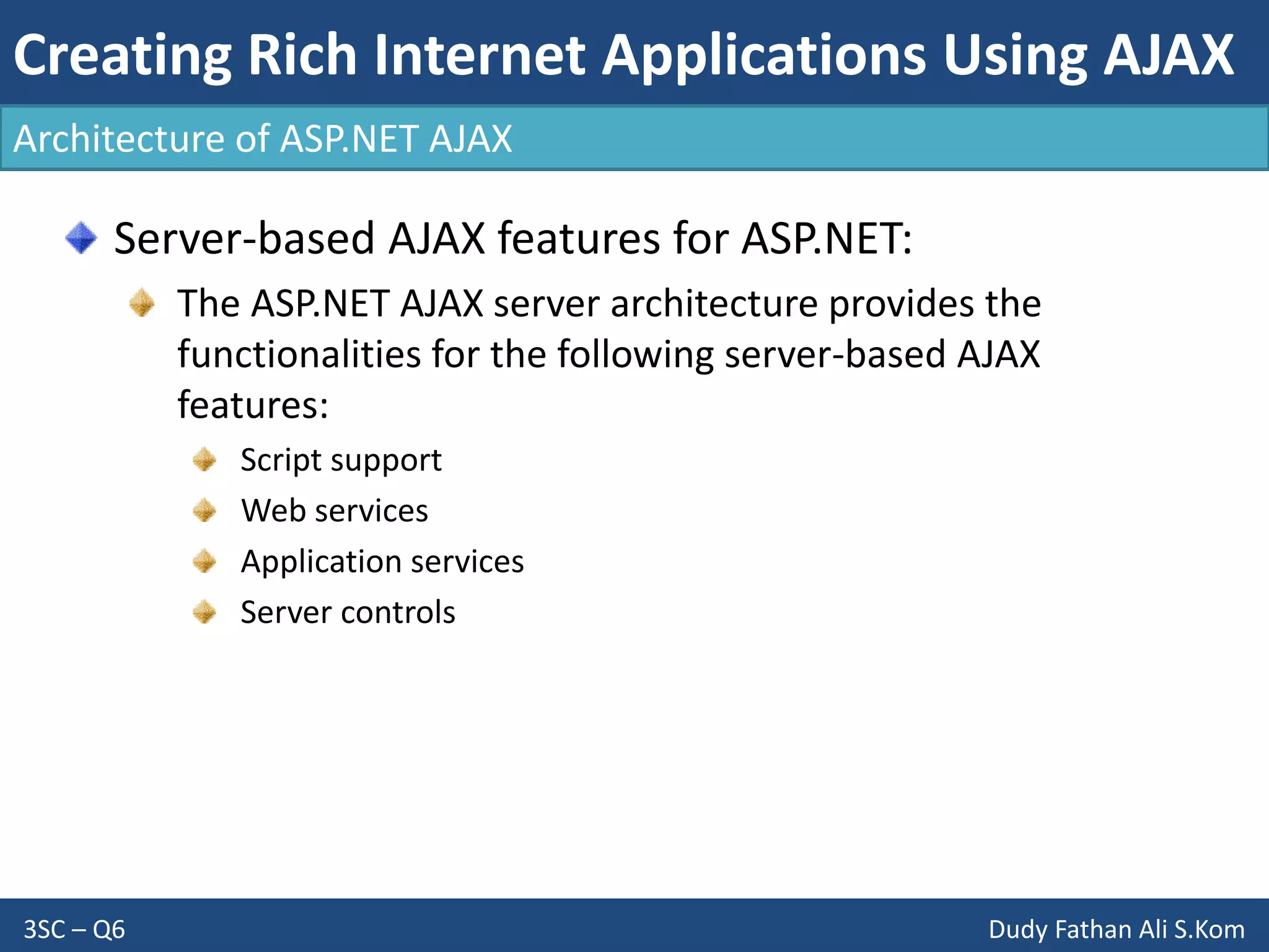 Creating Rich Internet Applications Using AJAX
3SC – Q6 Dudy Fathan Ali S.Kom
Architecture of ASP.NET AJAX
Server-based AJAX features for ASP.NET:
The ASP.NET AJAX server architecture provides the
functionalities for the following server-based AJAX
features:
Script support
Web services
Application services
Server controls
 