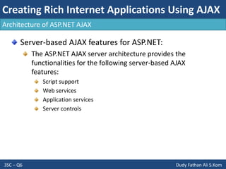Creating Rich Internet Applications Using AJAX
3SC – Q6 Dudy Fathan Ali S.Kom
Architecture of ASP.NET AJAX
Server-based AJAX features for ASP.NET:
The ASP.NET AJAX server architecture provides the
functionalities for the following server-based AJAX
features:
Script support
Web services
Application services
Server controls
 