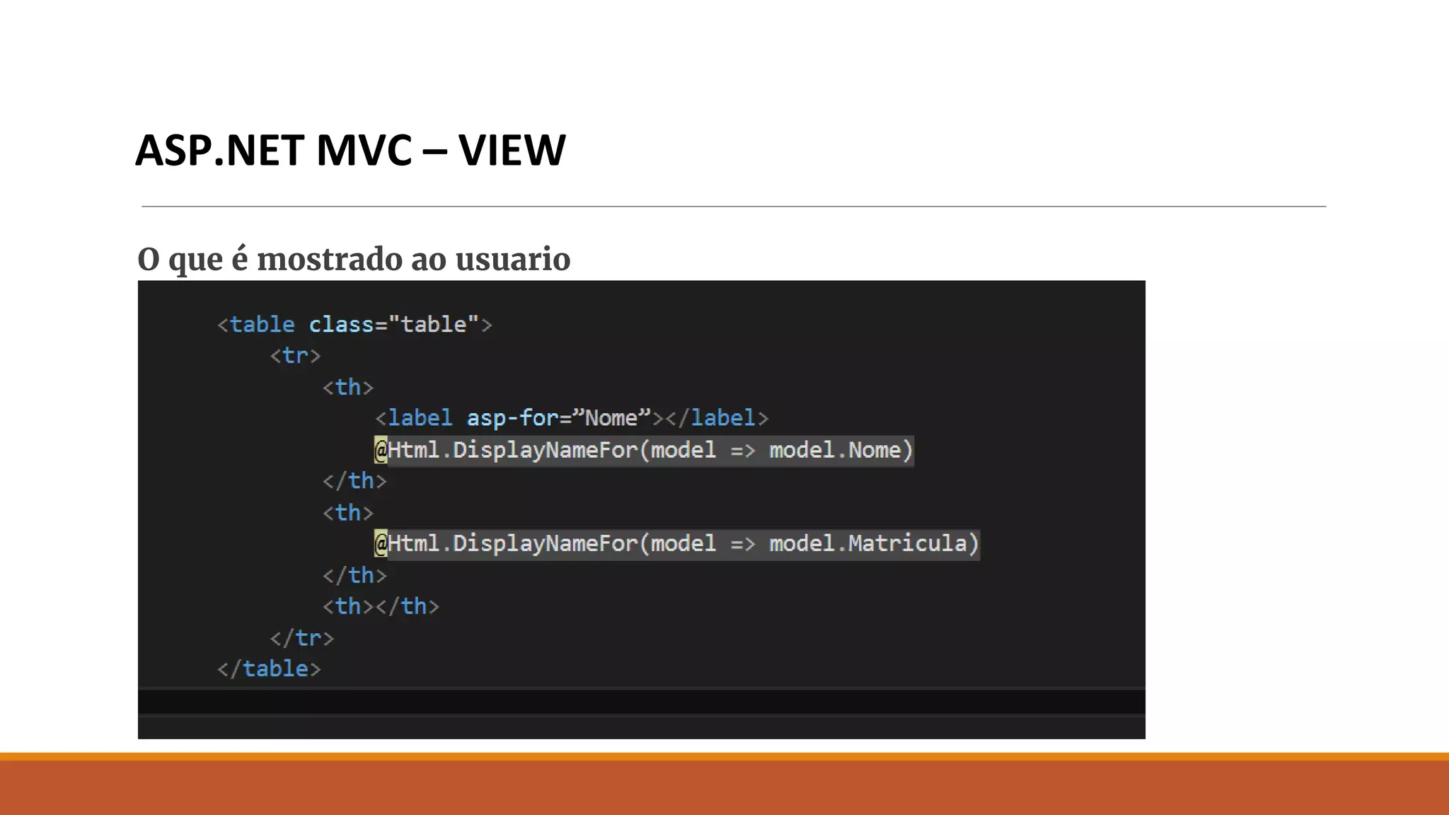 ASP.NET MVC – VIEW
O que é mostrado ao usuario
 