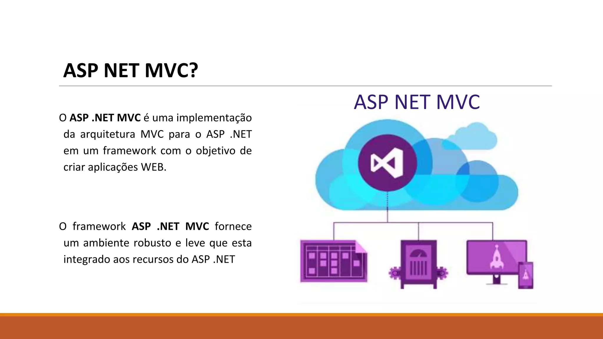 ASP NET MVC?
O ASP .NET MVC é uma implementação
da arquitetura MVC para o ASP .NET
em um framework com o objetivo de
criar aplicações WEB.
O framework ASP .NET MVC fornece
um ambiente robusto e leve que esta
integrado aos recursos do ASP .NET
ASP NET MVC
 