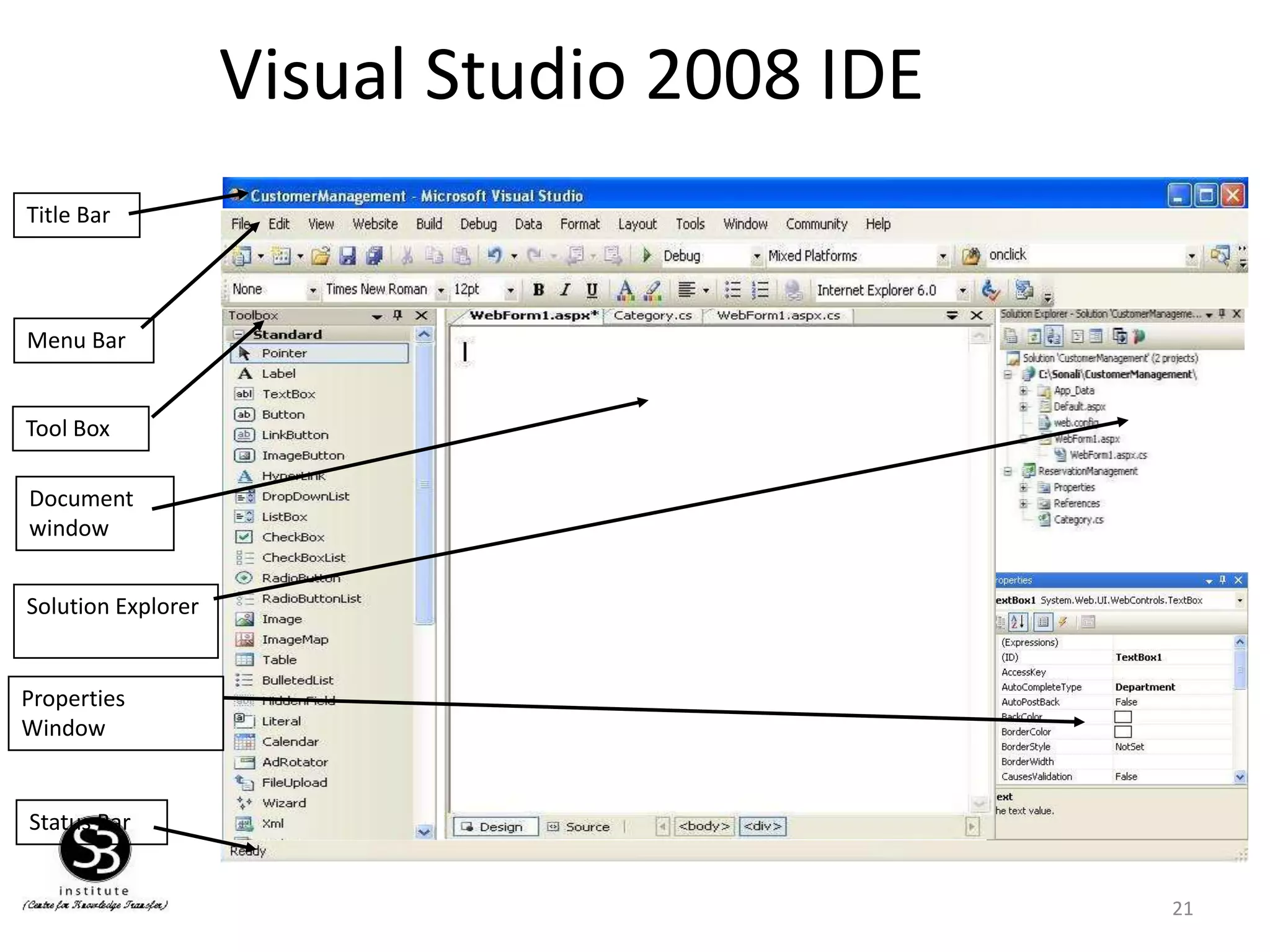 Visual Studio 2008 IDE
21
Status Bar
Tool Box
Menu Bar
Solution Explorer
Properties
Window
Document
window
Title Bar
 
