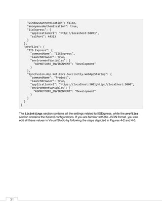 31
"windowsAuthentication": false,
"anonymousAuthentication": true,
"iisExpress": {
"applicationUrl": "http://localhost:50071",
"sslPort": 44323
}
},
"profiles": {
"IIS Express": {
"commandName": "IISExpress",
"launchBrowser": true,
"environmentVariables": {
"ASPNETCORE_ENVIRONMENT": "Development"
}
},
"Syncfusion.Asp.Net.Core.Succinctly.WebAppStartup": {
"commandName": "Project",
"launchBrowser": true,
"applicationUrl": "https://localhost:5001;http://localhost:5000",
"environmentVariables": {
"ASPNETCORE_ENVIRONMENT": "Development"
}
}
}
}
The iisSettings section contains all the settings related to IISExpress, while the profiles
section contains the Kestrel configurations. If you are familiar with the JSON format, you can
edit all these values in Visual Studio by following the steps depicted in Figures 4-2 and 4-3.
 