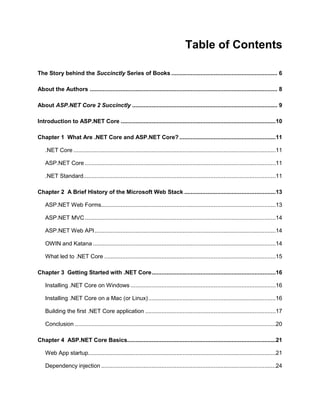 4
Table of Contents
The Story behind the Succinctly Series of Books ................................................................. 6
About the Authors ................................................................................................................... 8
About ASP.NET Core 2 Succinctly ......................................................................................... 9
Introduction to ASP.NET Core ...............................................................................................10
Chapter 1 What Are .NET Core and ASP.NET Core? ...........................................................11
.NET Core ............................................................................................................................11
ASP.NET Core .....................................................................................................................11
.NET Standard......................................................................................................................11
Chapter 2 A Brief History of the Microsoft Web Stack ........................................................13
ASP.NET Web Forms...........................................................................................................13
ASP.NET MVC.....................................................................................................................14
ASP.NET Web API...............................................................................................................14
OWIN and Katana ................................................................................................................14
What led to .NET Core .........................................................................................................15
Chapter 3 Getting Started with .NET Core............................................................................16
Installing .NET Core on Windows .........................................................................................16
Installing .NET Core on a Mac (or Linux)..............................................................................16
Building the first .NET Core application ................................................................................17
Conclusion ...........................................................................................................................20
Chapter 4 ASP.NET Core Basics...........................................................................................21
Web App startup...................................................................................................................21
Dependency injection ...........................................................................................................24
 
