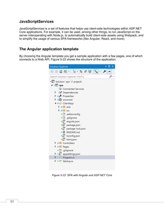 93
JavaScriptServices
JavaScriptServices is a set of features that helps use client-side technologies within ASP.NET
Core applications. For example, it can be used, among other things, to run JavaScript on the
server interoperating with Node.js, to automatically build client-side assets using Webpack, and
to simplify the usage of various SPA frameworks (like Angular, React, and more).
The Angular application template
By choosing the Angular template you get a sample application with a few pages, one of which
connects to a Web API. Figure 5-22 shows the structure of the application.
Figure 5-22: SPA with Angular and ASP.NET Core
 