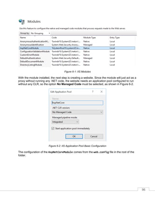 96
Figure 6-1: IIS Modules
With the module installed, the next step is creating a website. Since the module will just act as a
proxy without running any .NET code, the website needs an application pool configured to run
without any CLR, so the option No Managed Code must be selected, as shown in Figure 6-2.
Figure 6-2: IIS Application Pool Basic Configuration
The configuration of the AspNetCoreModule comes from the web.config file in the root of the
folder.
 