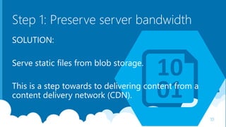 Step 1: Preserve server bandwidth
SOLUTION:
Serve static files from blob storage.
This is a step towards to delivering content from a
content delivery network (CDN).
10
 