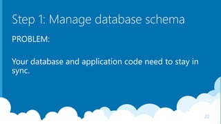 Step 1: Manage database schema
PROBLEM:
Your database and application code need to stay in
sync.
22
 