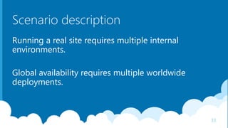 Scenario description
Running a real site requires multiple internal
environments.
Global availability requires multiple worldwide
deployments.
33
 