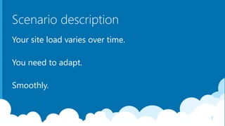 Scenario description
Your site load varies over time.
You need to adapt.
Smoothly.
7
 