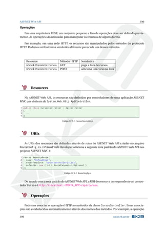 ASP.NET W EB API

190

Operações
Em uma arquitetura REST, um conjunto pequeno e ﬁxo de operações deve ser deﬁnido previamente. As operações são utilizadas para manipular os recursos de alguma forma.
Por exemplo, em uma rede HTTP os recursos são manipulados pelos métodos do protocolo
,
HTTP. Podemos atribuir uma semântica diferente para cada um desses métodos.

Resource
www.k19.com.br/cursos
www.k19.com.br/cursos

Método HTTP
GET
POST

Semântica
pega a lista de cursos
adiciona um curso na lista

Resources
No ASP.NET Web API, os resources são deﬁnidos por controladores de uma aplicação ASP.NET
MVC que derivam de System.Web.Http.ApiController.
1 public class CursosController : ApiController
2 {
3
...
4 }
Código C# A.1: CursosController.cs

URIs
As URIs dos resources são deﬁnidas através de rotas do ASP.NET Web API criadas no arquivo
RouteConfig.cs. O Visual Web Developer adiciona a seguinte rota padrão do ASP.NET Web API nos
projetos ASP.NET MVC 4:
1 routes . MapHttpRoute (
2
name : " DefaultApi " ,
3
routeTemplate : " api /{ controller }/{ id } " ,
4
defaults : new { id = RouteParameter . Optional }
5 );
Código C# A.2: RouteConﬁg.cs

De acordo com a rota padrão do ASP
.NET Web API, a URI do resource correspondente ao controlador Cursos é http://localhost:<PORTA_APP>/api/cursos.

Operações
Podemos associar as operações HTTP aos métodos da classe CursosController. Essas associações são estabelecidas automaticamente através dos nomes dos métodos. Por exemplo, a operação
190

www.k19.com.br

 