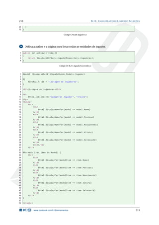 213

B.12. C ADASTRANDO E L ISTANDO S ELEÇÕES

24
}
25 }
Código C# B.20: Jogador.cs

Deﬁna a action e a página para listar todas as entidades de jogador.

26

1 public ActionResult Index ()
2 {
3
return View ( unitOfWork . JogadorRepository . Jogadores ) ;
4 }
Código C# B.21: JogadorController.cs

1
2
3
4
5
6
7
8
9
10
11
12
13
14
15
16
17
18
19
20
21
22
23
24
25
26
27
28
29
30
31
32
33
34
35
36
37
38
39
40
41
42
43
44
45
46
47
48
49
50
51
52

@model IEnumerable < K19CopaDoMundo . Models . Jogador >
@{
ViewBag . Title = " Listagem de Jogadores " ;
}
< h2 > Listagem de Jogadores </ h2 >
<p >
@Html . ActionLink ( " Cadastrar Jogador " ,
</ p >
< table >
< tr >
< th >
@Html . DisplayNameFor ( model = >
</ th >
< th >
@Html . DisplayNameFor ( model = >
</ th >
< th >
@Html . DisplayNameFor ( model = >
</ th >
< th >
@Html . DisplayNameFor ( model = >
</ th >
< th >
@Html . DisplayNameFor ( model = >
</ th >
< th > </ th >
</ tr >
@foreach ( var item in Model ) {
< tr >
< td >
@Html . DisplayFor ( modelItem
</ td >
< td >
@Html . DisplayFor ( modelItem
</ td >
< td >
@Html . DisplayFor ( modelItem
</ td >
< td >
@Html . DisplayFor ( modelItem
</ td >
< td >
@Html . DisplayFor ( modelItem
</ td >
</ tr >
}

" Create " )

model . Nome )

model . Posicao )

model . Nascimento )

model . Altura )

model . SelecaoId )

= > item . Nome )

= > item . Posicao )

= > item . Nascimento )

= > item . Altura )

= > item . SelecaoId )

</ table >

www.facebook.com/k19treinamentos

213

 
