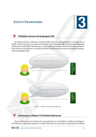 CAPÍTULO

E NTITY F RAMEWORK

3

Múltiplas sintaxes da linguagem SQL
No capítulo anterior, utilizamos conexões ODBC para fazer uma aplicação C# interagir com os
SGDBs. Nessa interação, as consultas são deﬁnidas com a linguagem SQL. A sintaxe dessa linguagem
é diferente em cada SGDB. Dessa forma, a complexidade do trabalho dos desenvolvedores aumenta.
Para resolver esse problema, as consultas deveriam ser deﬁnidas através de um mecanismo independente da linguagem SQL.

SELECT * FROM (
SELECT
ROW_NUMBER() OVER (ORDER BY autor ASC) AS rownumber,
id, titulo, autor
FROM livros
) WHERE rownumber <= 100

Driver Oracle
ODBC

Driver SQL Server
ODBC

SELECT TOP 100 * FROM livros ORDER BY autor ASC

Figura 3.1: Diferentes sintaxes da linguagem SQL

Orientação a Objetos VS Modelo Relacional
Outro problema na comunicação entre uma aplicação C# e um SGDB é o conﬂito de paradigmas.
Os SGDBs são organizados seguindo o modelo relacional. Por outro lado, as aplicações C# utilizam
www.facebook.com/k19treinamentos

37

 