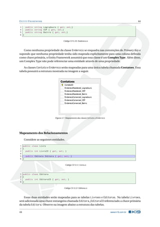E NTITY F RAMEWORK

44

3
public string Logradouro { get ; set ;}
4
public string CEP { get ; set ;}
5
public string Bairro { get ; set ;}
6 }
Código C# 3.10: Endereco.cs

Como nenhuma propriedade da classe Endereco se enquadra nas convenções de Primary Key e
supondo que nenhuma propriedade tenha sido mapeada explicitamente para uma coluna deﬁnida
como chave primária, o Entity Framework assumirá que essa classe é um Complex Type. Além disso,
um Complex Type não pode referenciar uma entidade através de uma propriedade.
As classes Contato e Endereco serão mapeadas para uma única tabela chamada Contatoes. Essa
tabela possuirá a estrutura mostrada na imagem a seguir.

Figura 3.7: Mapeamento das classes Contato e Endereco

Mapeamento dos Relacionamentos
Considere as seguintes entidades.
1 public class Livro
2 {
3
public int LivroID { get ; set ; }
4
5
public Editora Editora { get ; set ; }
6 }
Código C# 3.11: Livro.cs

1 public class Editora
2 {
3
public int EditoraID { get ; set ; }
4 }
Código C# 3.12: Editora.cs

Essas duas entidades serão mapeadas para as tabelas Livroes e Editoras. Na tabela Livroes,
será adicionada uma chave estrangeira chamada Editora_EditoraID referenciado a chave primária
da tabela Editora. Observe na imagem abaixo a estrutura das tabelas.
44

www.k19.com.br

 