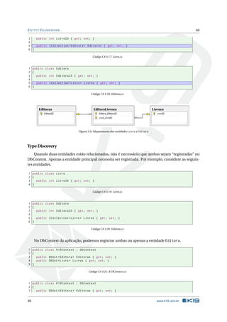 E NTITY F RAMEWORK

46

3
public int LivroID { get ; set ; }
4
5
public ICollection < Editora > Editoras { get ; set ; }
6 }
Código C# 3.17: Livro.cs

1 public class Editora
2 {
3
public int EditoraID { get ; set ; }
4
5
public ICollection < Livro > Livros { get ; set ; }
6 }
Código C# 3.18: Editora.cs

Figura 3.9: Mapeamento das entidades Livro e Editora

Type Discovery
Quando duas entidades estão relacionadas, não é necessário que ambas sejam “registradas” no
DbContext. Apenas a entidade principal necessita ser registrada. Por exemplo, considere as seguintes entidades.
1 public class Livro
2 {
3
public int LivroID { get ; set ; }
4 }
Código C# 3.19: Livro.cs

1 public class Editora
2 {
3
public int EditoraID { get ; set ; }
4
5
public ICollection < Livro > Livros { get ; set ; }
6 }
Código C# 3.20: Editora.cs

No DbContext da aplicação, podemos registrar ambas ou apenas a entidade Editora.
1 public class K19Context : DbContext
2 {
3
public DbSet < Editora > Editoras { get ; set ; }
4
public DbSet < Livro > Livros { get ; set ; }
5 }
Código C# 3.21: K19Context.cs

1 public class K19Context : DbContext
2 {
3
public DbSet < Editora > Editoras { get ; set ; }

46

www.k19.com.br

 
