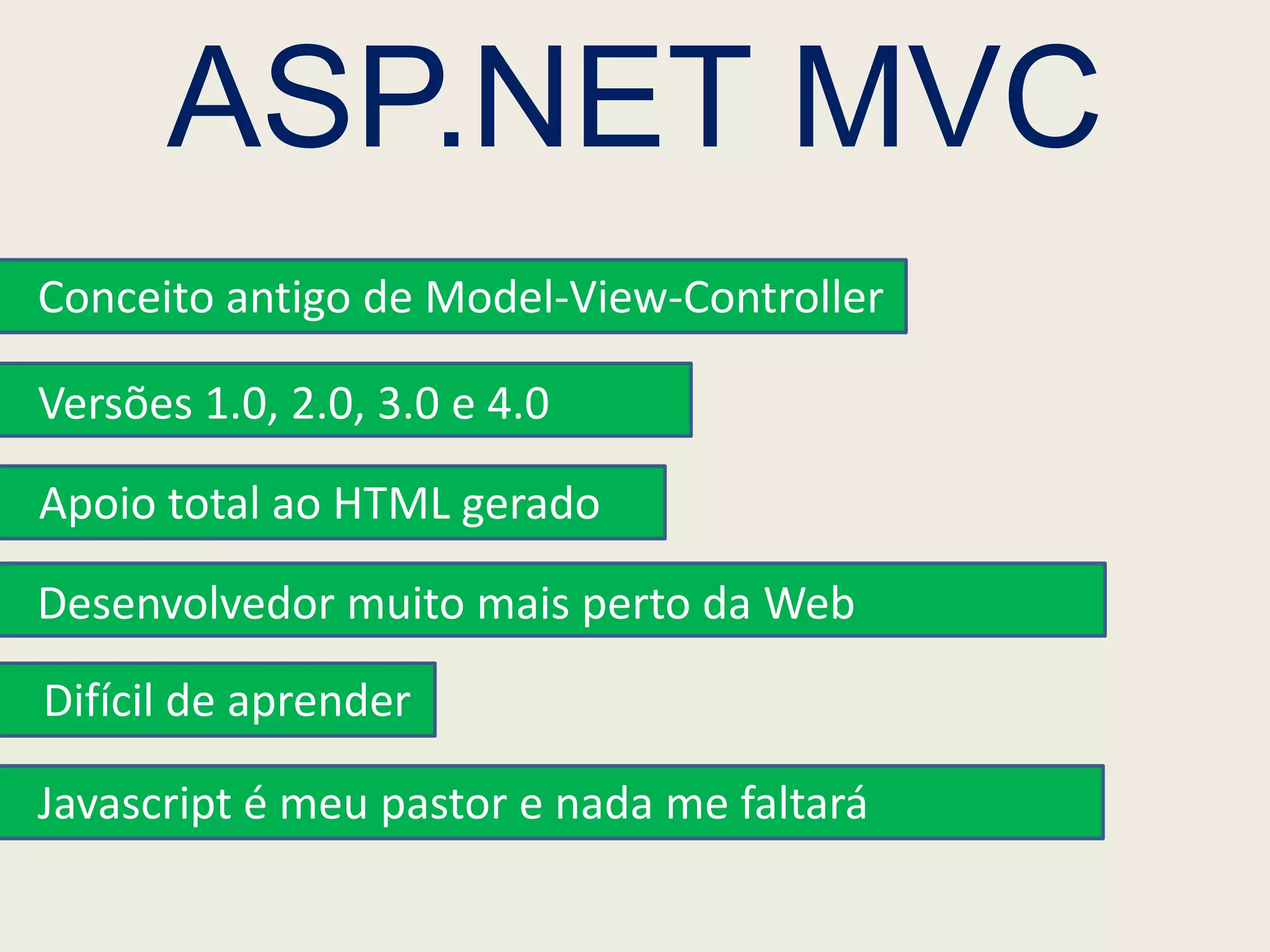 ASP.NET MVC
Conceito antigo de Model-View-Controller

Versões 1.0, 2.0, 3.0 e 4.0

Apoio total ao HTML gerado

Desenvolvedor muito mais perto da Web
Difícil de aprender

Javascript é meu pastor e nada me faltará
 