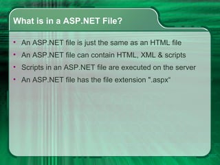 What is in a ASP.NET File? An ASP.NET file is just the same as an HTML file An ASP.NET file can contain HTML, XML & scripts Scripts in an ASP.NET file are executed on the server  An ASP.NET file has the file extension &quot;.aspx“ 
