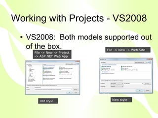 Working with Projects - VS2008
 • VS2008: Both models supported out
   of the box.                      File -> New -> Web Site
                                     File -> New -> Web Site
     File -> New -> Project
     -> ASP.NET Web App




                              New style
                               New style

        Old style                          New style
 