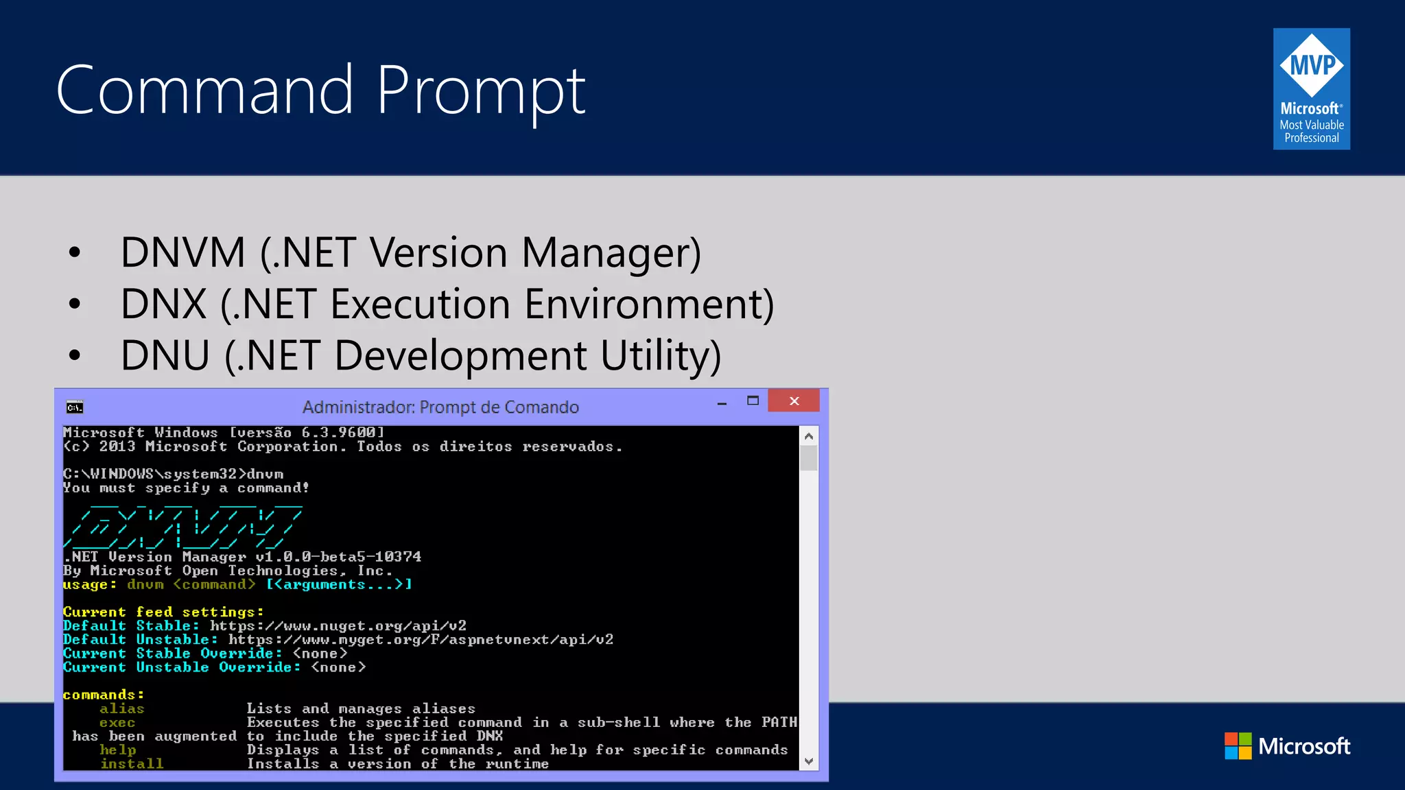 Command Prompt
• DNVM (.NET Version Manager)
• DNX (.NET Execution Environment)
• DNU (.NET Development Utility)
 