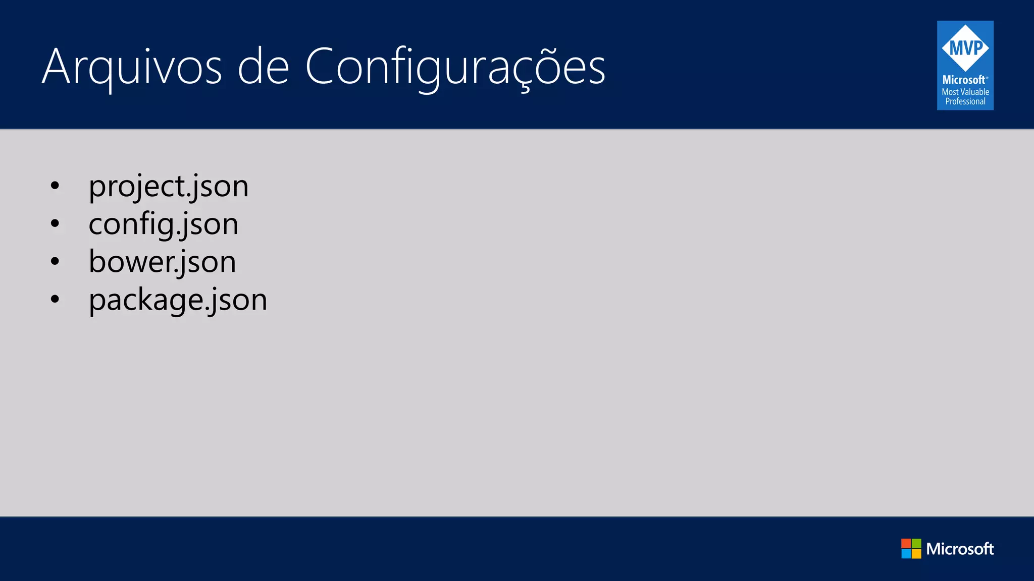 Arquivos de Configurações
• project.json
• config.json
• bower.json
• package.json
 