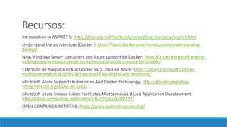 Recursos:
Introduction to ASP.NET 5: http://docs.asp.net/en/latest/conceptual-overview/aspnet.html
Understand the architecture (Docker ): https://docs.docker.com/introduction/understanding-
docker/
New Windows Server containers and Azure support for Docker: https://azure.microsoft.com/es-
es/blog/new-windows-server-containers-and-azure-support-for-docker/
Extensión de máquina virtual Docker para Linux en Azure: https://azure.microsoft.com/es-
es/documentation/articles/virtual-machines-docker-vm-extension/
Microsoft Azure Supports Kubernetes And Docker Technology: http://cloud-computing-
today.com/2014/09/01/1071163/
Microsoft Azure Service Fabric Facilitates Microservices-Based Application Development:
http://cloud-computing-today.com/2015/04/23/1072847/
OPEN CONTAINER INITIATIVE: https://www.opencontainers.org/