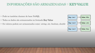 INFORMAÇÕES SÃO ARMAZENADAS :: KEY-VALUE
• Pode-se também chamar de base NoSQL
• Todos os dados são armazenados no formado Key-Value
• Os valores podem ser armazenados como: string, int, boolean, double
 