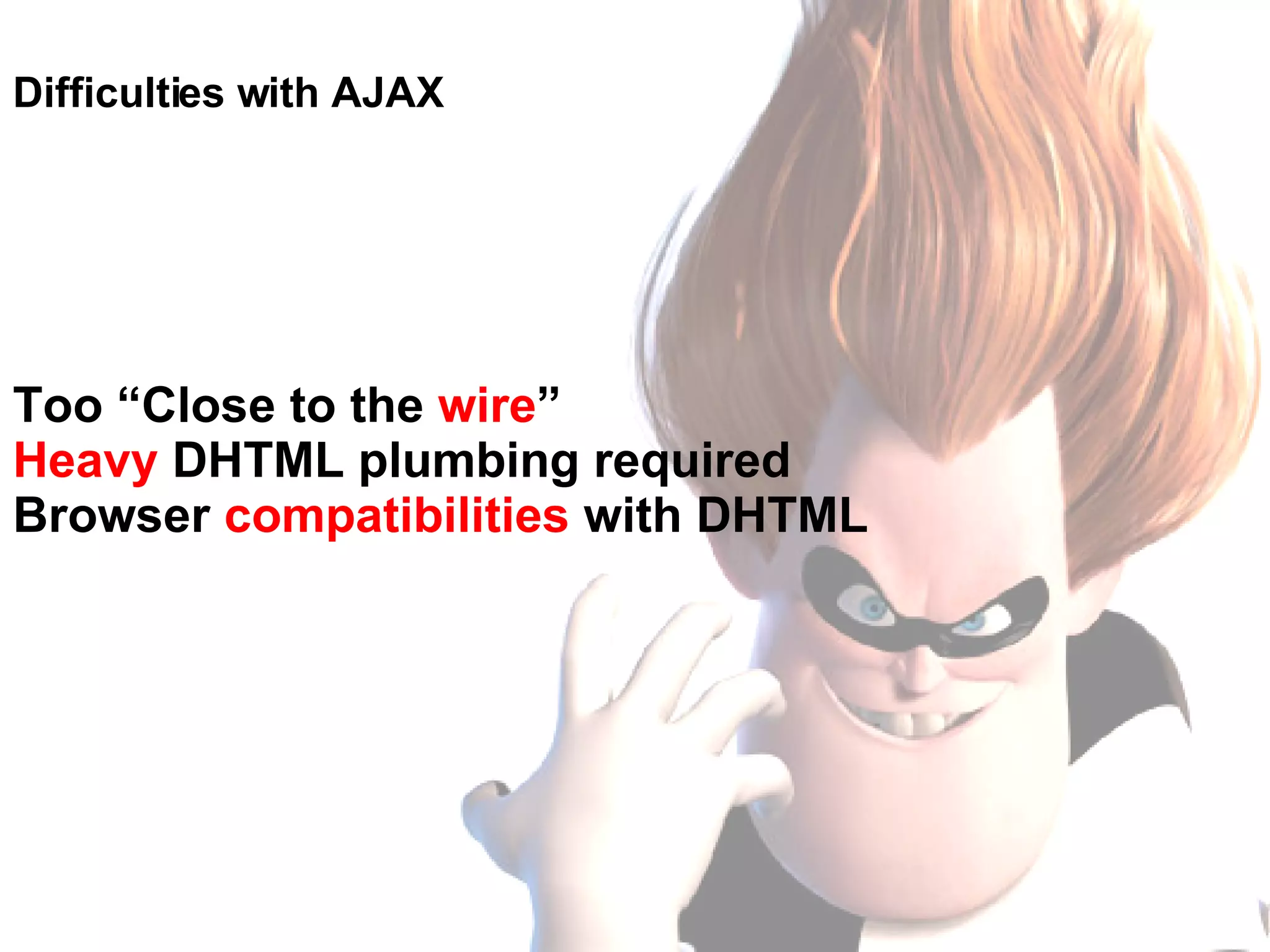 Difficulties with AJAX Too “Close to the wire ” Heavy DHTML plumbing required Browser compatibilities with DHTML 