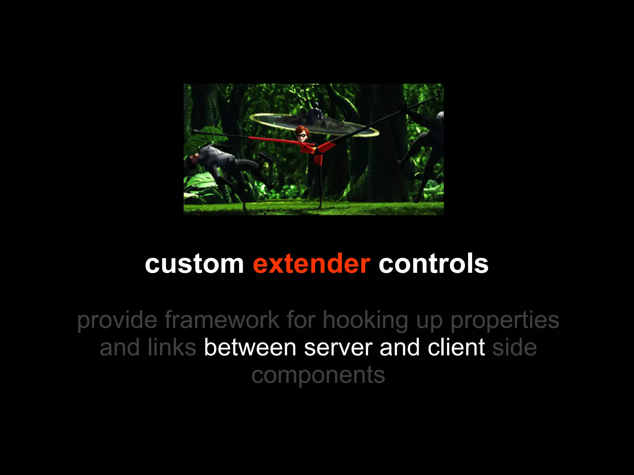 custom extender controls provide framework for hooking up properties and links between server and client side components 