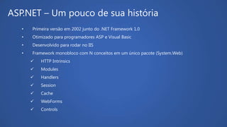 ASP.NET – Um pouco de sua história
• Primeira versão em 2002 junto do .NET Framework 1.0
• Otimizado para programadores ASP e Visual Basic
• Desenvolvido para rodar no IIS
• Framework monobloco com N conceitos em um único pacote (System.Web)
 HTTP Intrinsics
 Modules
 Handlers
 Session
 Cache
 WebForms
 Controls
 