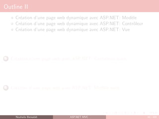 Outline II
Création d’une page web dynamique avec ASP.NET: Modèle
Création d’une page web dynamique avec ASP.NET: Contrôleur
Création d’une page web dynamique avec ASP.NET: Vue
5 Création d’une page web avec ASP.NET: Contrôleur suite
6 Création d’une page web avec ASP.NET: Modèle suite
Nouhaila Bensalah ASP.NET MVC 10 / 102
 