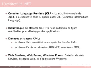 L’architecture .NET
Common Language Runtime (CLR): La machine virtuelle de
.NET, qui exécute le code IL appelé aussi CIL (Common Intermediate
Language).
Bibliothèque de classes: Une très riche collection de types
réutilisables pour développer des applications.
Données et classes XML:
Les classes XML permettent de manipuler les données XML.
Les classes d’accès aux données (ADO.NET) sous format XML.
Web Services, Web Forms, Windows Forms: Création de Web
Services, de pages Web, et d’applications Windows.
Nouhaila Bensalah ASP.NET MVC 13 / 102
 