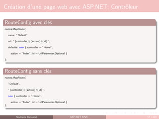 Création d’une page web avec ASP.NET: Contrôleur
RouteConfig avec clés
routes.MapRoute(
name: ”Default”,
url: ”{controller}/{action}/{id}”,
defaults: new { controller = ”Home”,
action = ”Index”, id = UrlParameter.Optional }
);
RouteConfig sans clés
routes.MapRoute(
”Default”,
”{controller}/{action}/{id}”,
new { controller = ”Home”,
action = ”Index”, id = UrlParameter.Optional }
);
Nouhaila Bensalah ASP.NET MVC 57 / 102
 
