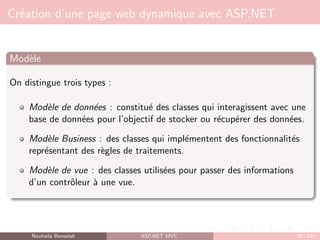 Création d’une page web dynamique avec ASP.NET
Modèle
On distingue trois types :
Modèle de données : constitué des classes qui interagissent avec une
base de données pour l’objectif de stocker ou récupérer des données.
Modèle Business : des classes qui implémentent des fonctionnalités
représentant des règles de traitements.
Modèle de vue : des classes utilisées pour passer des informations
d’un contrôleur à une vue.
Nouhaila Bensalah ASP.NET MVC 78 / 102
 