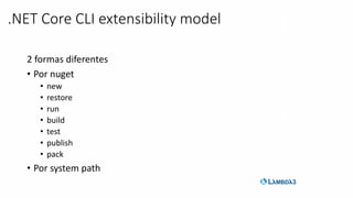 .NET Core CLI extensibility model
2 formas diferentes
• Por nuget
• new
• restore
• run
• build
• test
• publish
• pack
• Por system path
 
