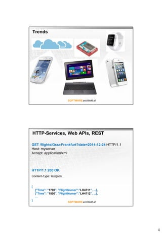 4
Trends
HTTP-Services, Web APIs, REST
GET /flights/Graz-Frankfurt?date=2014-12-24 HTTP/1.1
Host: myserver
Accept: applica...