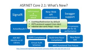 ASP.NET Core 2.1: What’s New?
http://www.talkingdotnet.com/quick-summary-whats-new-asp-net-core-2-1/
• UseHttpsRedirection by default
• HSTS protocol support (non-dev)
• >dotnet dev-certs https --trust
 