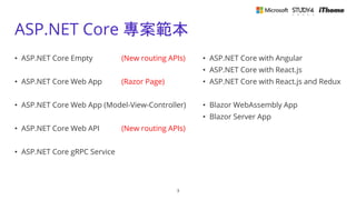 ASP.NET Core 專案範本
3
• ASP.NET Core Empty (New routing APIs)
• ASP.NET Core Web App (Razor Page)
• ASP.NET Core Web App (Model-View-Controller)
• ASP.NET Core Web API (New routing APIs)
• ASP.NET Core gRPC Service
• ASP.NET Core with Angular
• ASP.NET Core with React.js
• ASP.NET Core with React.js and Redux
• Blazor WebAssembly App
• Blazor Server App
 
