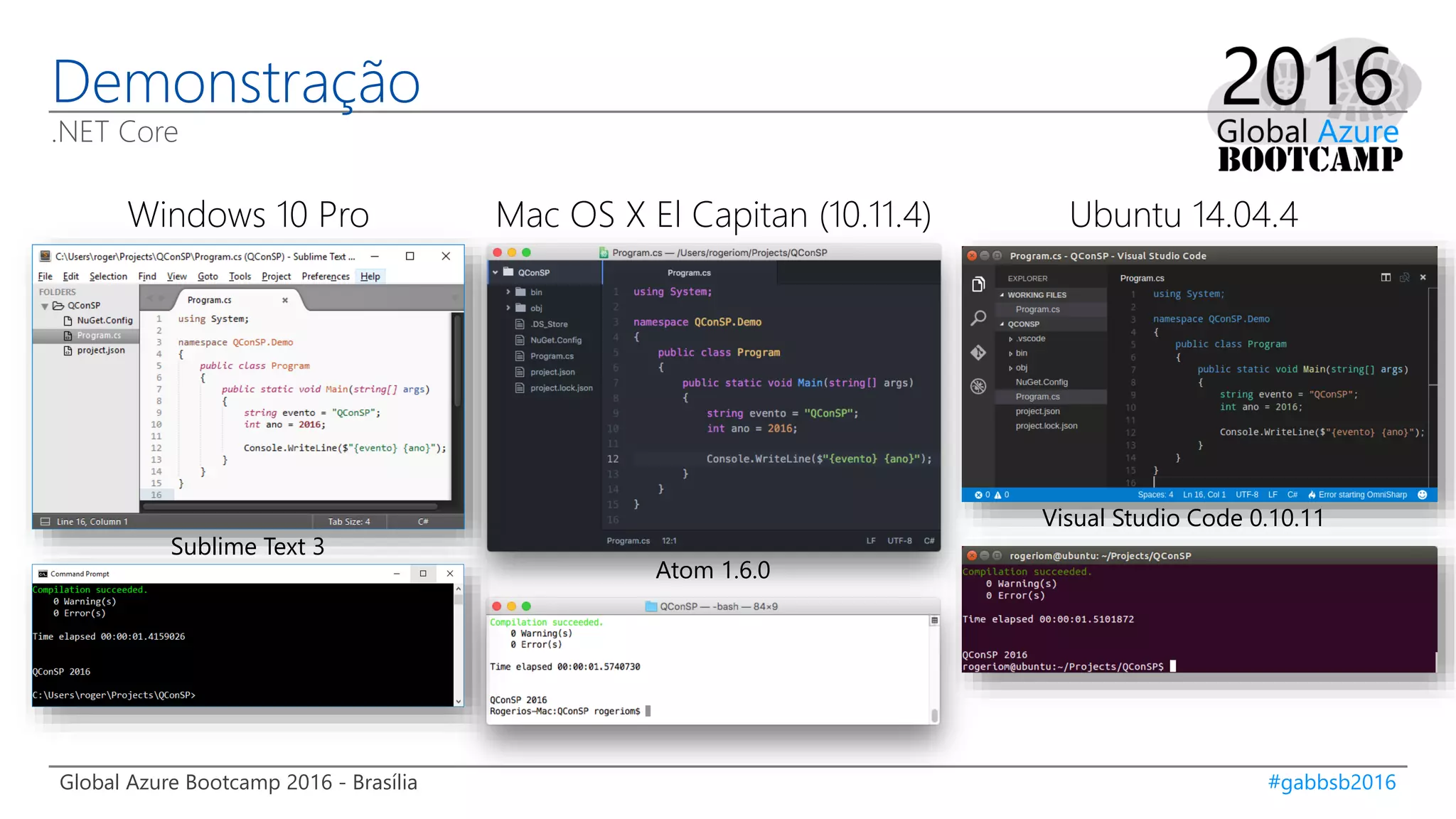 Global Azure Bootcamp 2016 - Brasília #gabbsb2016
Demonstração
.NET Core
Mac OS X El Capitan (10.11.4) Ubuntu 14.04.4
Atom 1.6.0
Visual Studio Code 0.10.11
Windows 10 Pro
Sublime Text 3
 