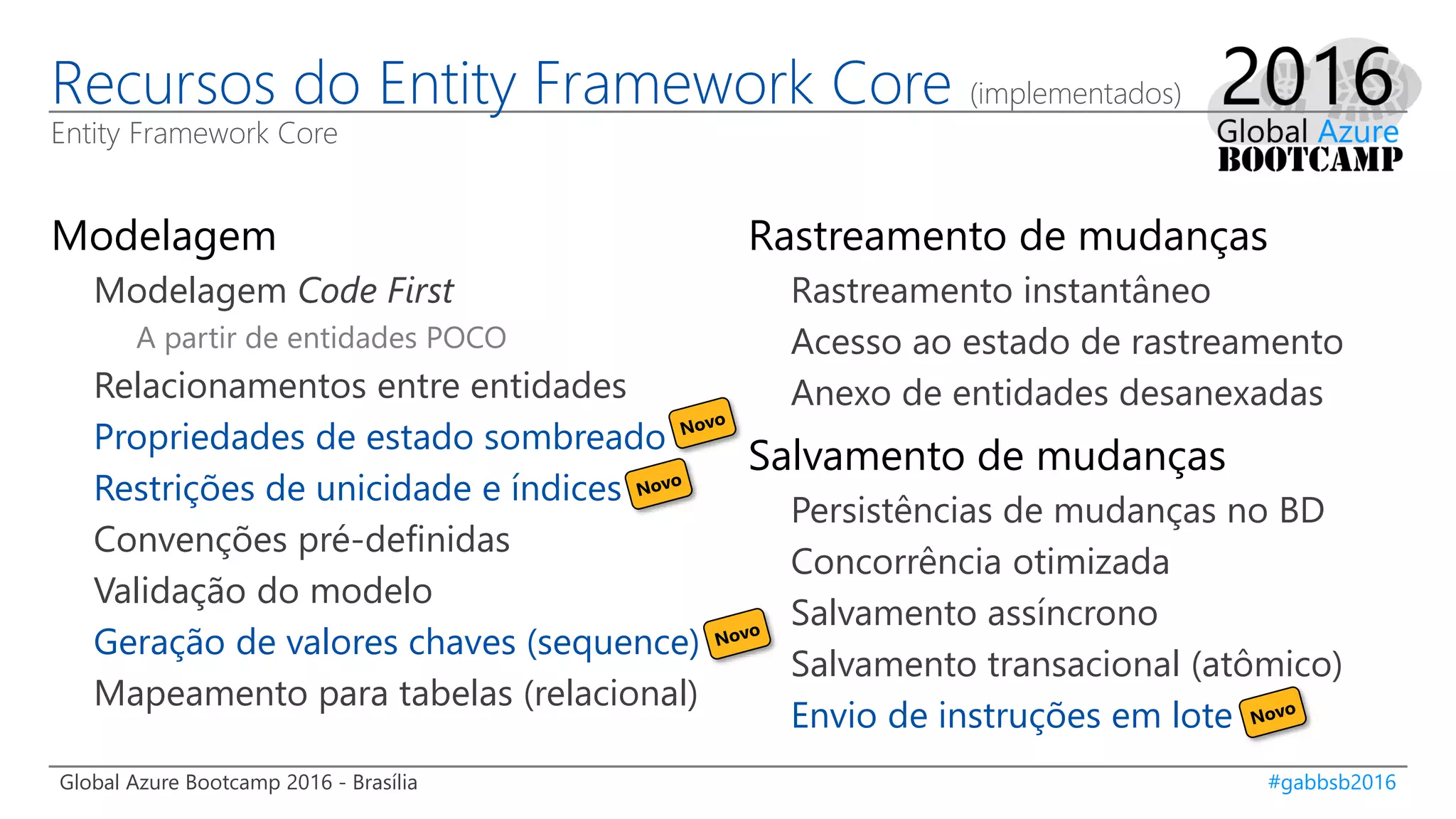 Global Azure Bootcamp 2016 - Brasília #gabbsb2016
Recursos do Entity Framework Core (implementados)
Entity Framework Core
Modelagem
Modelagem Code First
A partir de entidades POCO
Relacionamentos entre entidades
Propriedades de estado sombreado
Restrições de unicidade e índices
Convenções pré-definidas
Validação do modelo
Geração de valores chaves (sequence)
Mapeamento para tabelas (relacional)
Rastreamento de mudanças
Rastreamento instantâneo
Acesso ao estado de rastreamento
Anexo de entidades desanexadas
Salvamento de mudanças
Persistências de mudanças no BD
Concorrência otimizada
Salvamento assíncrono
Salvamento transacional (atômico)
Envio de instruções em lote
 