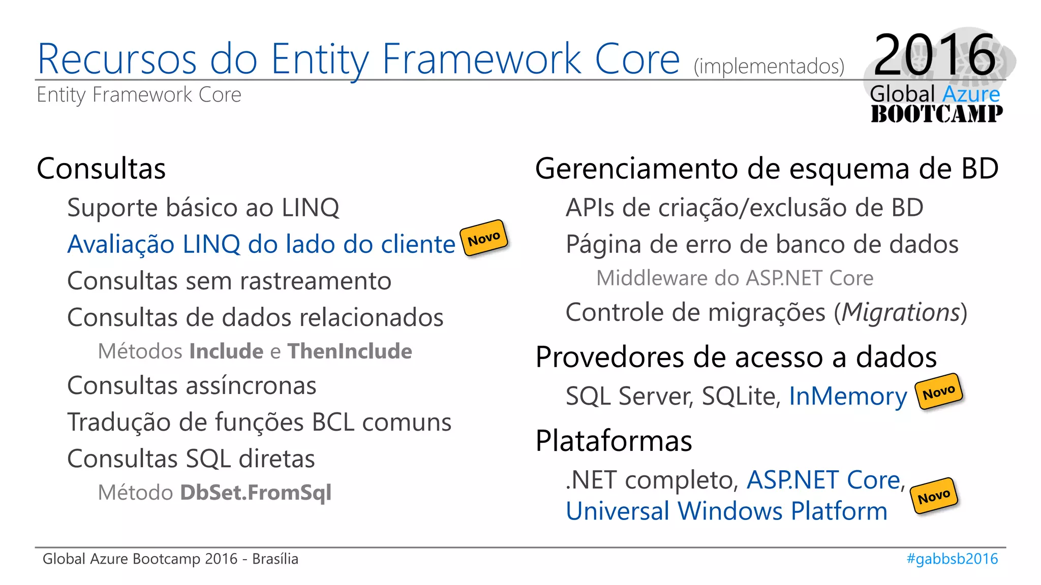 Global Azure Bootcamp 2016 - Brasília #gabbsb2016
Recursos do Entity Framework Core (implementados)
Entity Framework Core
Consultas
Suporte básico ao LINQ
Avaliação LINQ do lado do cliente
Consultas sem rastreamento
Consultas de dados relacionados
Métodos Include e ThenInclude
Consultas assíncronas
Tradução de funções BCL comuns
Consultas SQL diretas
Método DbSet.FromSql
Gerenciamento de esquema de BD
APIs de criação/exclusão de BD
Página de erro de banco de dados
Middleware do ASP.NET Core
Controle de migrações (Migrations)
Provedores de acesso a dados
SQL Server, SQLite, InMemory
Plataformas
.NET completo, ASP.NET Core,
Universal Windows Platform
 