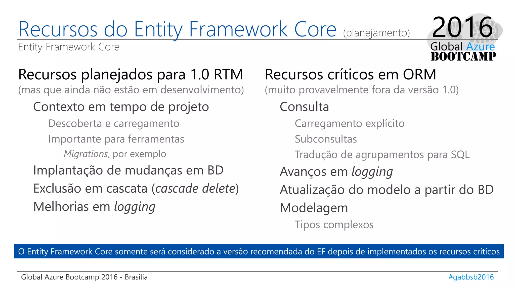 Global Azure Bootcamp 2016 - Brasília #gabbsb2016
Recursos do Entity Framework Core (planejamento)
Entity Framework Core
Recursos planejados para 1.0 RTM
(mas que ainda não estão em desenvolvimento)
Contexto em tempo de projeto
Descoberta e carregamento
Importante para ferramentas
Migrations, por exemplo
Implantação de mudanças em BD
Exclusão em cascata (cascade delete)
Melhorias em logging
Recursos críticos em ORM
(muito provavelmente fora da versão 1.0)
Consulta
Carregamento explícito
Subconsultas
Tradução de agrupamentos para SQL
Avanços em logging
Atualização do modelo a partir do BD
Modelagem
Tipos complexos
O Entity Framework Core somente será considerado a versão recomendada do EF depois de implementados os recursos críticos
 