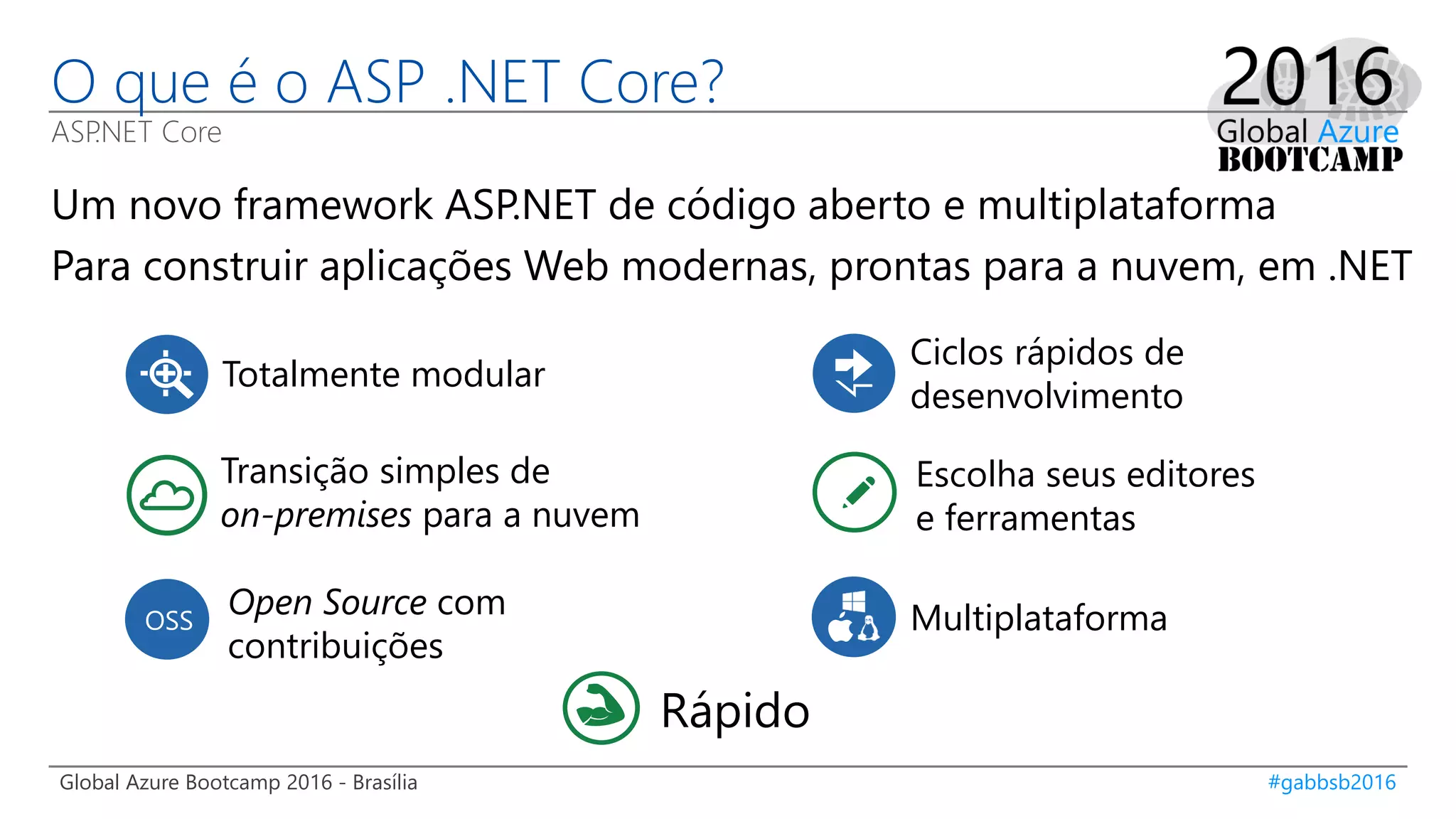 Global Azure Bootcamp 2016 - Brasília #gabbsb2016
O que é o ASP .NET Core?
ASP.NET Core
Um novo framework ASP.NET de código aberto e multiplataforma
Para construir aplicações Web modernas, prontas para a nuvem, em .NET
Multiplataforma
Escolha seus editores
e ferramentas
Open Source com
contribuições
OSS
Transição simples de
on-premises para a nuvem
Ciclos rápidos de
desenvolvimento
Totalmente modular
Rápido
 