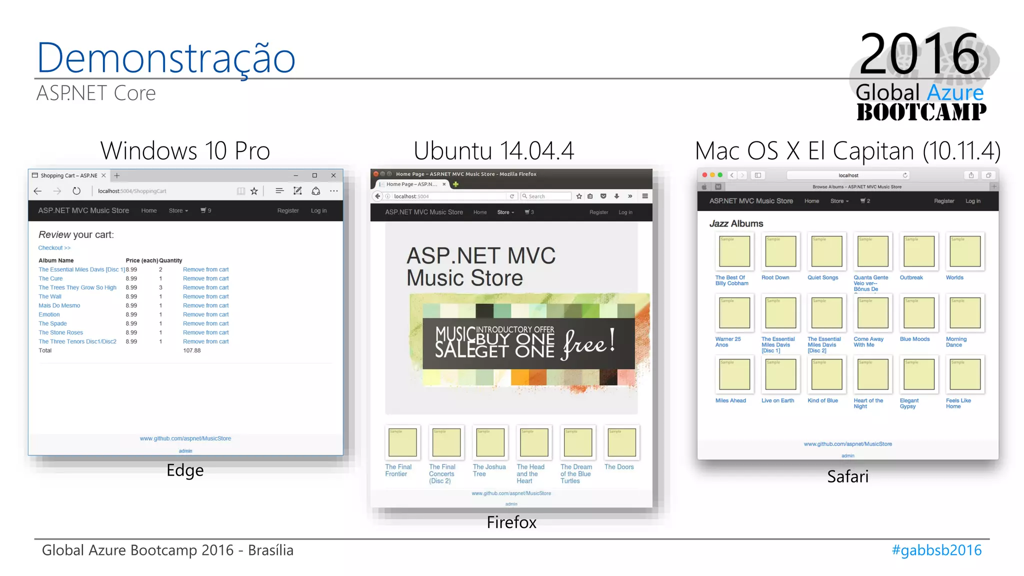 Global Azure Bootcamp 2016 - Brasília #gabbsb2016
Demonstração
ASP.NET Core
Ubuntu 14.04.4
Firefox
Windows 10 Pro
Edge
Mac OS X El Capitan (10.11.4)
Safari
 