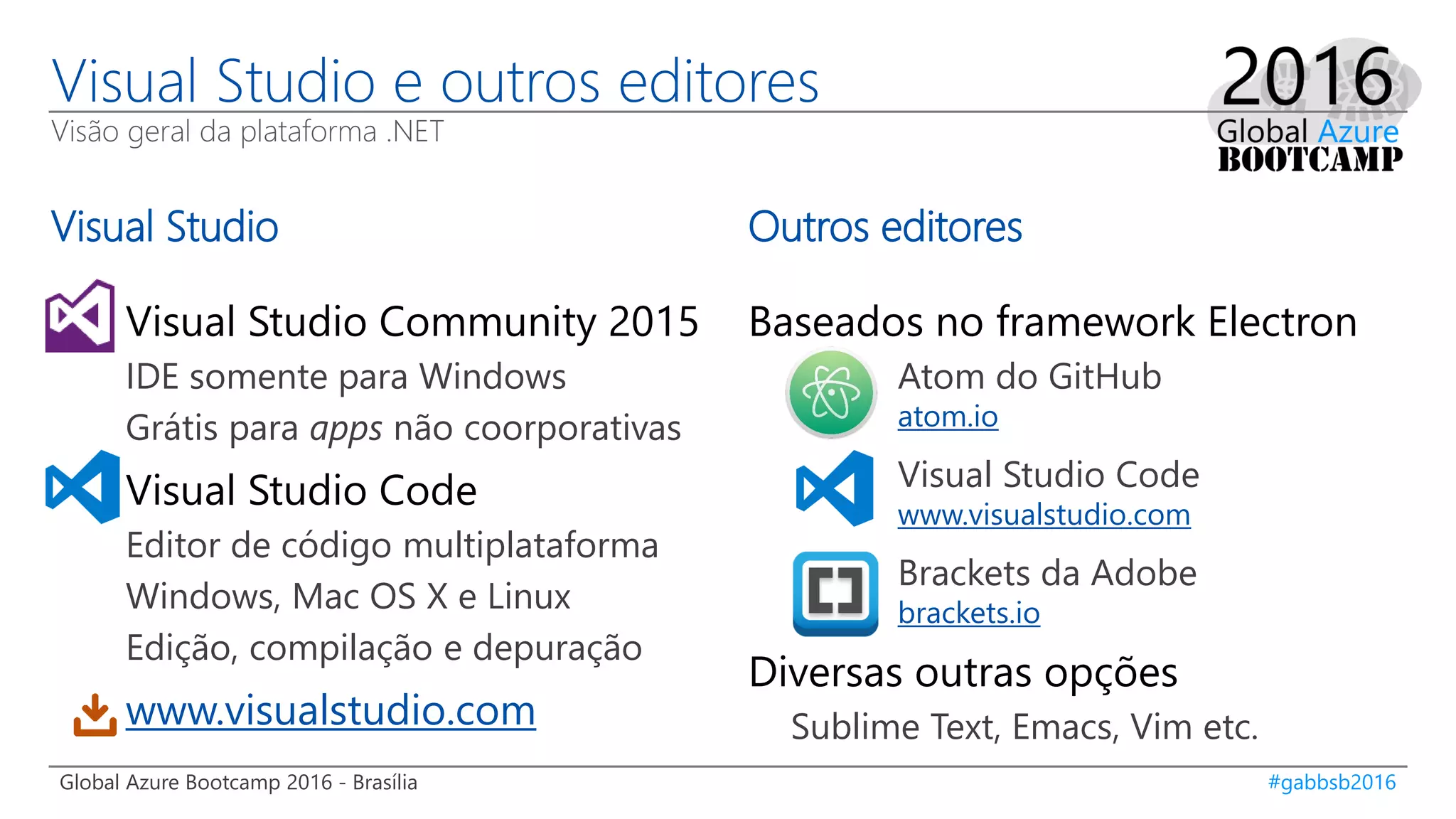 Global Azure Bootcamp 2016 - Brasília #gabbsb2016
Visual Studio e outros editores
Visão geral da plataforma .NET
Visual Studio
Visual Studio Community 2015
IDE somente para Windows
Grátis para apps não coorporativas
Visual Studio Code
Editor de código multiplataforma
Windows, Mac OS X e Linux
Edição, compilação e depuração
www.visualstudio.com
Outros editores
Baseados no framework Electron
Atom do GitHub
atom.io
Visual Studio Code
www.visualstudio.com
Brackets da Adobe
brackets.io
Diversas outras opções
Sublime Text, Emacs, Vim etc.
 