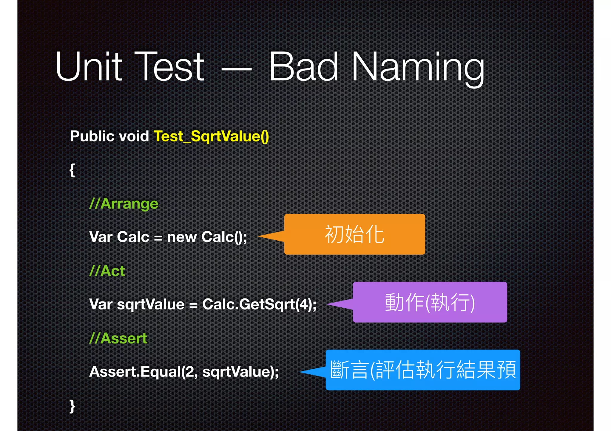 Unit Test — Bad Naming Public void Test_SqrtValue() { //Arrange Var Calc = new Calc(); //Act Var sqrtValue = Calc.GetSqrt(4); //Assert Assert.Equal(2, sqrtValue); } 初始化 動作(執⾏行行) 斷⾔言(評估執⾏行行結果預 