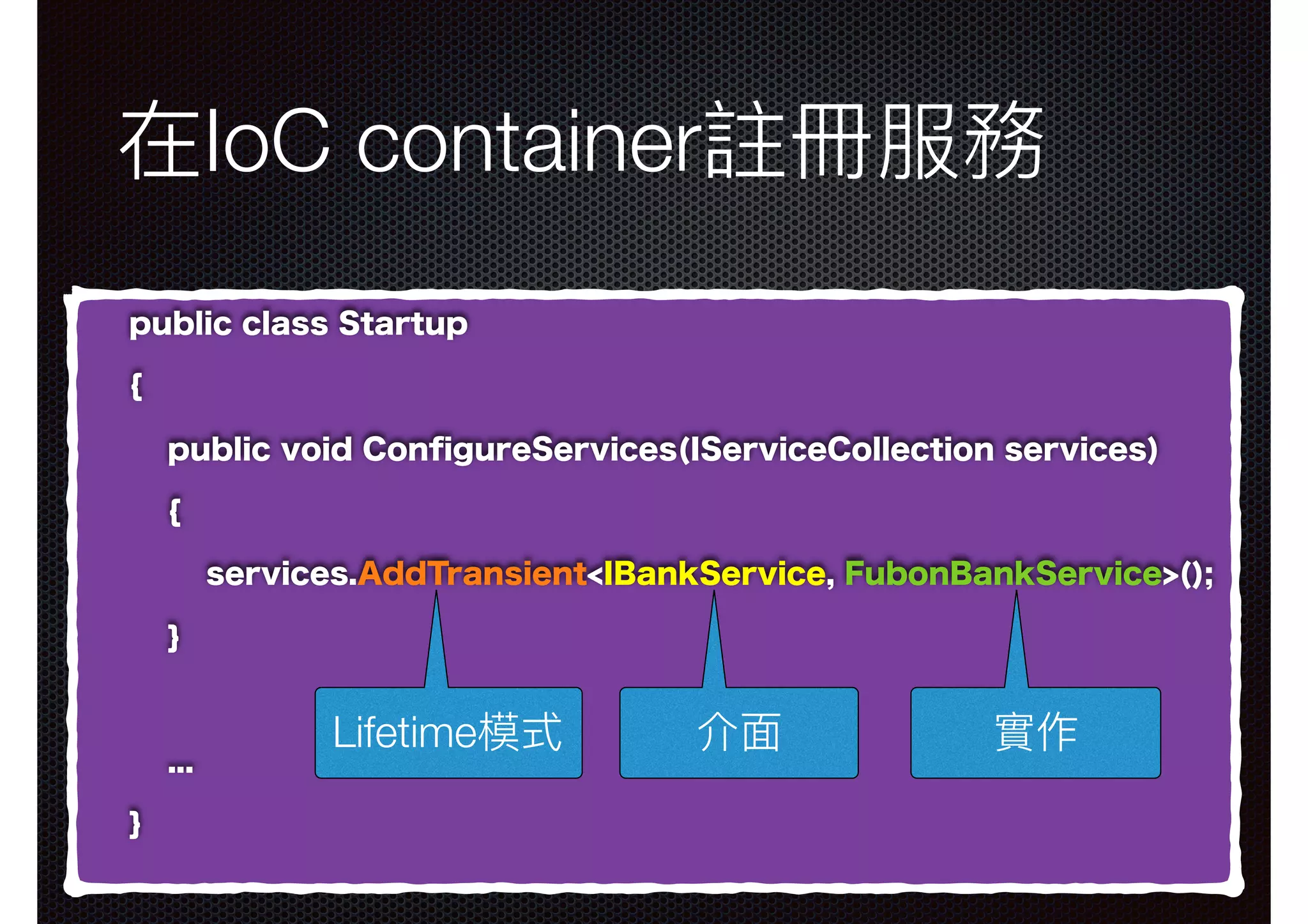 在IoC container註冊服務 public class Startup { public void ConﬁgureServices(IServiceCollection services) { services.AddTransient<IBankService, FubonBankService>(); } ... } 介⾯面 實作Lifetime模式 